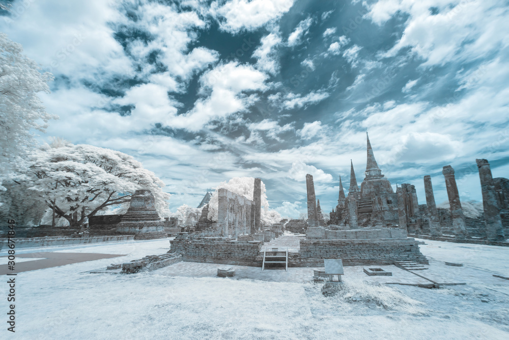 Ruined ancient Buddhist temple and pagoda in infrared photography