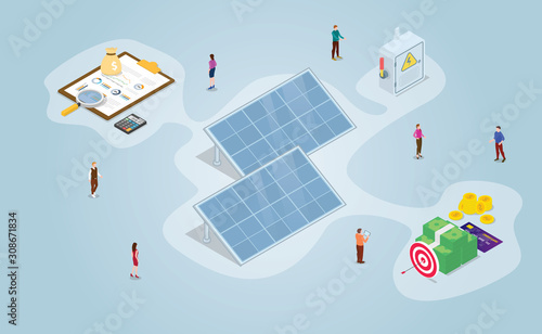 solar panel technology from business aspect and perspective with efficiency benefit with people and modern isometric style - vector