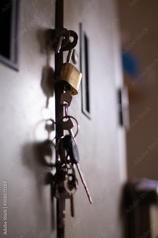 The keys were hung at the back door from work. The keys were hung at the back door from work.