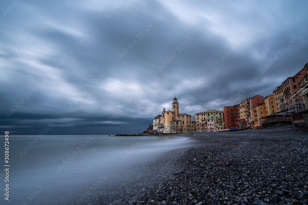 Long exposure of the famous church of Camogli taken at the blue hour