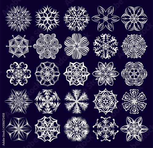 A set of snowflakes with different patterns.