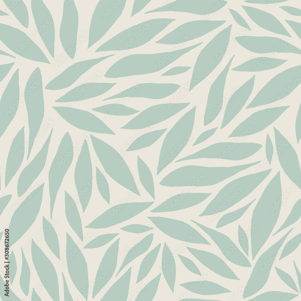 Vector repeat pattern with light green leaves of lily flower on beige background. Hand-drawn style. One of 
