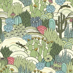 Papier peint photo Paysage patrons Cactus succulentes et lézards vintage  © Nikole