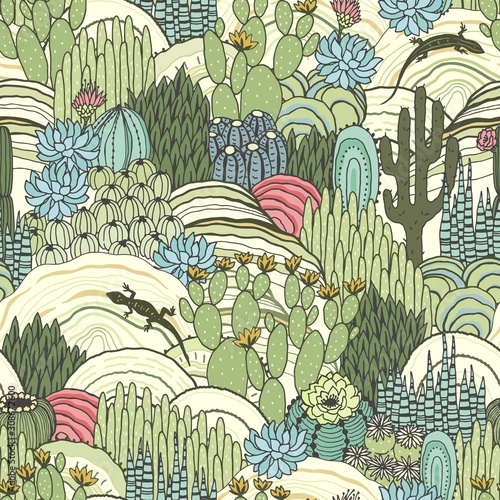 Cacti, succulents and lizards on outdoor, floral landscape, seamless pattern, environment. Vector hand drawn illustration in vintage style, colorful print.