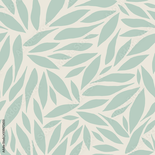 Vector repeat pattern with light green leaves of lily flower on beige background. Hand-drawn style. One of "Lovely Lilium" collection patterns.