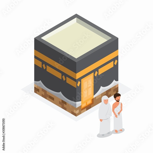 ka`bah mecca with moslem man and woman in isometric. hajj, umrah, praying and Islamic pilgrimage illustration editable vector