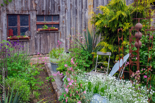 Alter Bauerngarten mit Pflanzen vor Holzhaus photo