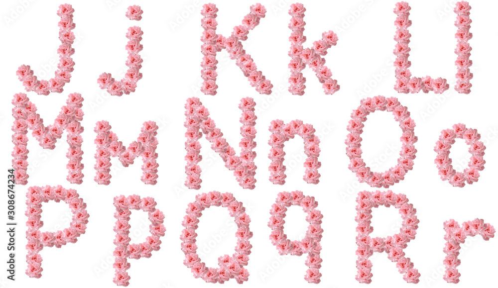 English alphabet from flowers of pink roses, letter J,K,L,M,N,O,P,Q,R. English alphabet from flowers of pink roses, letter J,K,L,M,N,O,P,Q,R.