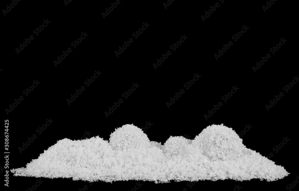 pile of fluffy white snow isolated on a black background.