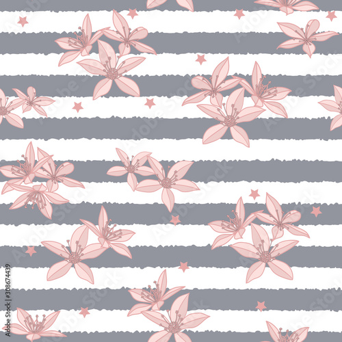 Vector pink flower grey striped background seamless pattern print