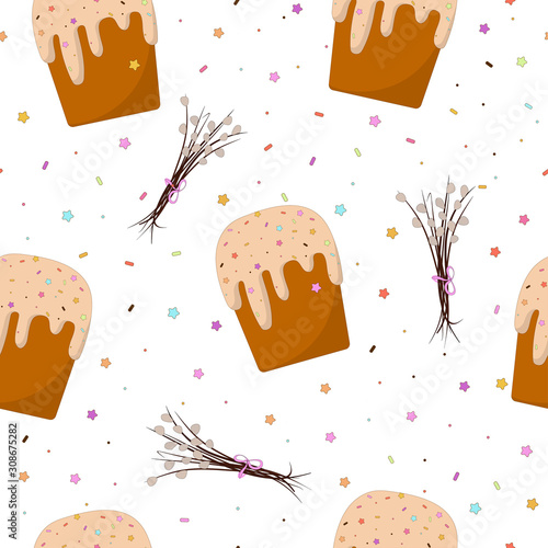  Seamless pattern: willow and Easter cake twigs isolated for Easter on a white background. flat vector. illustration