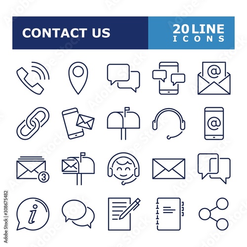 Contact Us icons. Contact and communication line icon set. Vector illustration. Editable stroke.