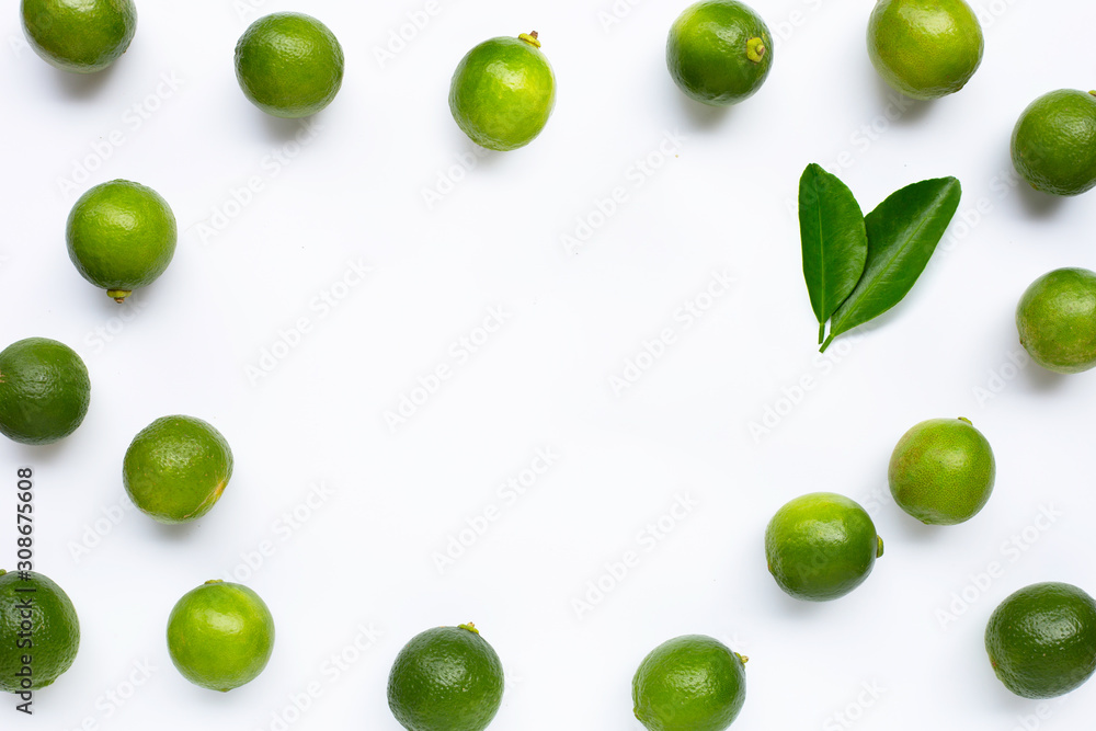 Frame made of limes with leaves isolated on white