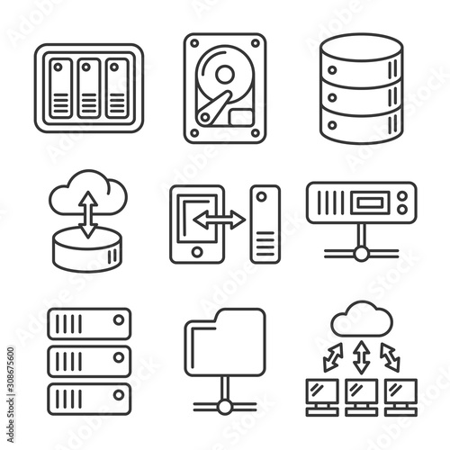 Networking File Share and NAS Server Icons Set. Line Style Vector photo