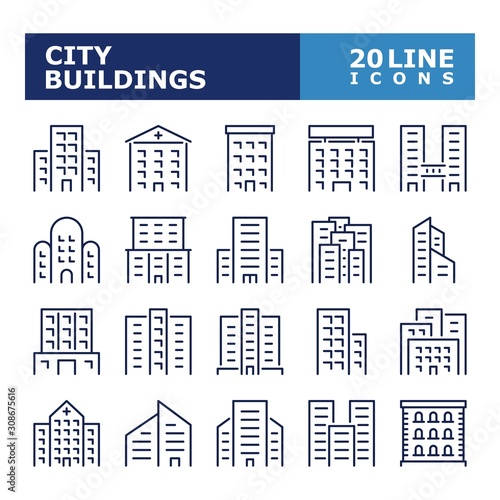 City buildings icons. Offices, school, hospital, City constructions line icon set. Vector illustration. Editable stroke.