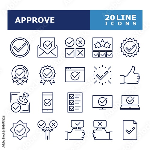 Approve icons. Approved and Check mark line icon set. Vector illustration. Editable stroke.