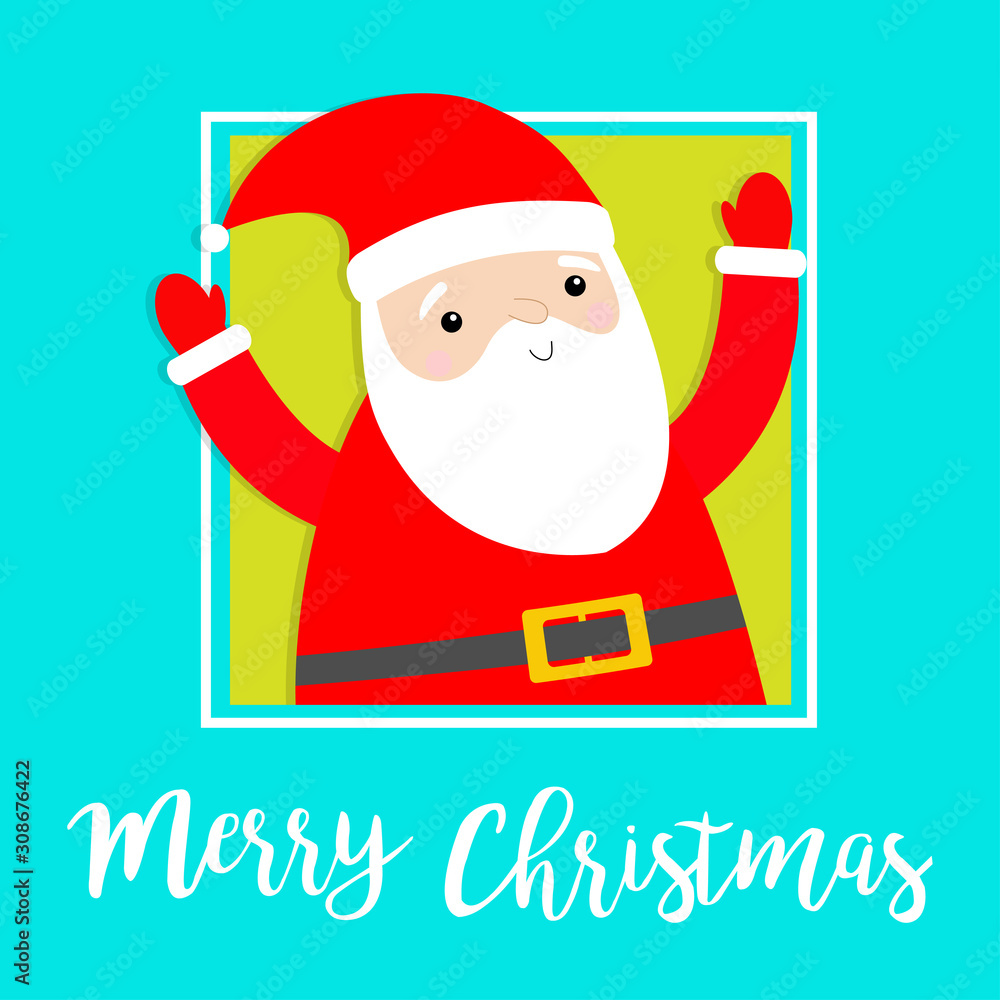 Merry Christmas. Santa Claus in the corner hands up. Costume, red hat, golden belt, beard. Cute cartoon kawaii funny baby character. Happy New Year. Greeting card. Flat design. Blue background. Merry Christmas. Santa Claus in the corner hands up. Costume, red hat, golden belt, beard. Cute cartoon kawaii funny baby character. Happy New Year. Greeting card. Flat design. Blue background.