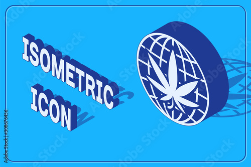 Isometric Legalize marijuana or cannabis globe symbol icon isolated on blue background. Hemp symbol. Vector Illustration