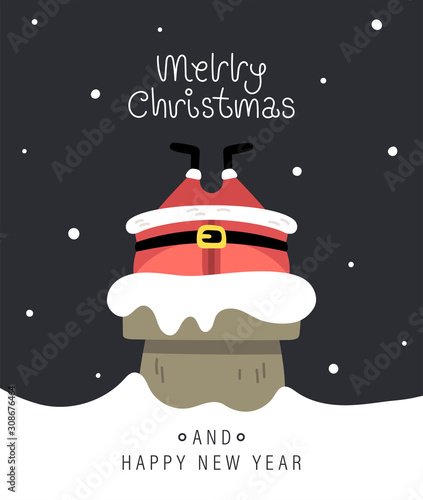Merry christmas and happy new year greeting card. The inscription and santa claus head. Vector illustration.