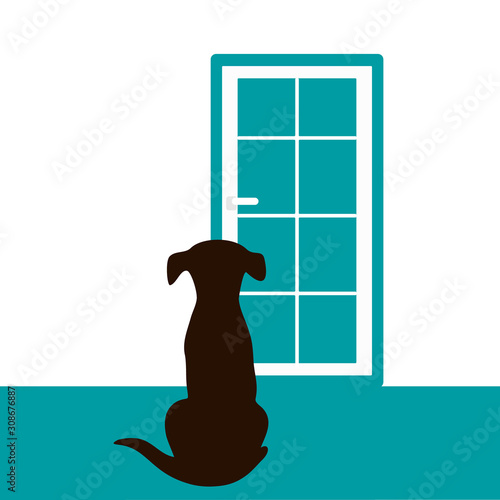 The dog is waiting for the owner at the door vector illustration