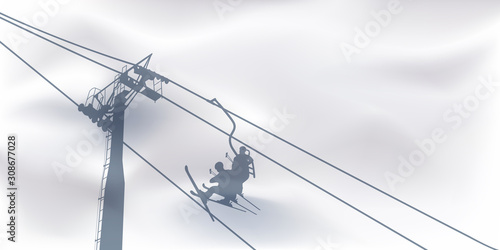 Concept des sports d’hiver et des vacances à la montagne avec le symbole du télésiège dont l’ombre se dessine sur la neige.