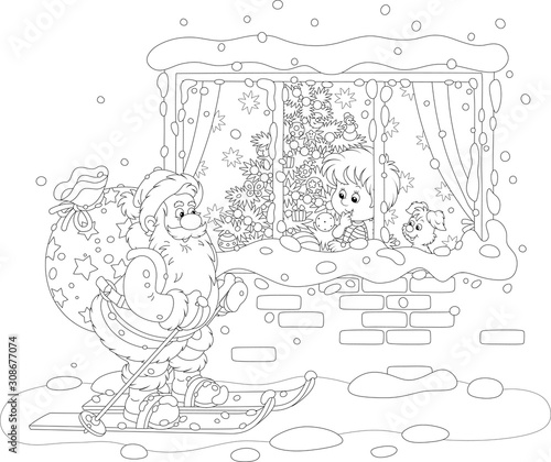 The night before Christmas, a little boy looking through a window at Santa Claus skiing with his big bag of holiday gifts, black and white vector cartoon illustration