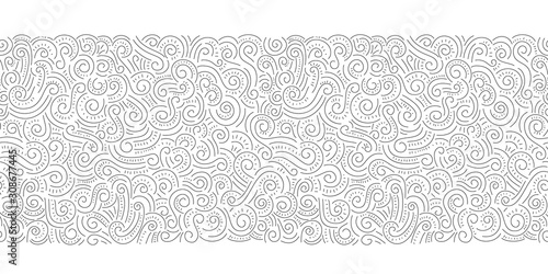 Gold Foil Hand Drawn Doodle Swirls, Swashes Vector Seamless Horizontal Pattern Border. Whimsical Decorative Background