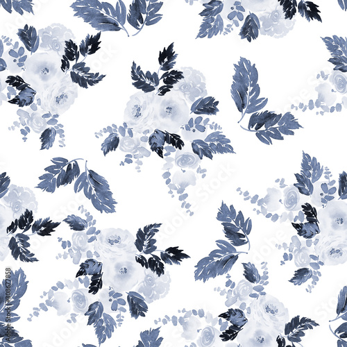 Seamless summer pattern with watercolor flowers handmade in indigo