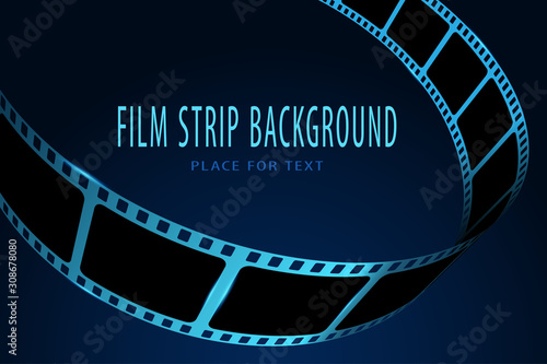 Film reel stripe cinema isolated on blue background. Modern 3d realistic film strip. Vector cinema festival. Movie and film template can be used of backdrop, brochure, leaflet, poster, banner or flyer
