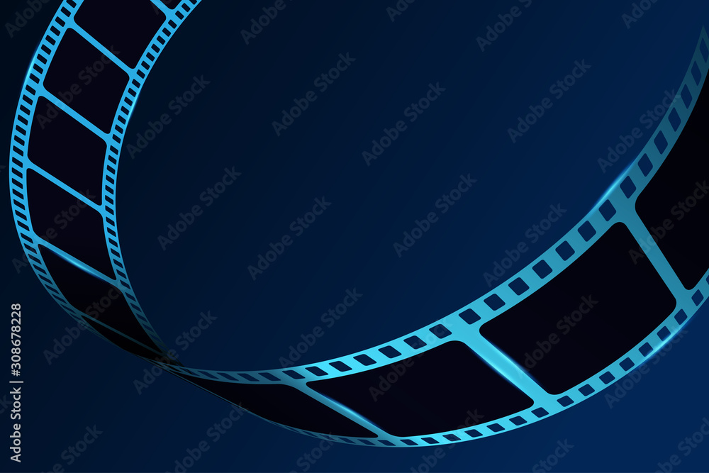 Film reel stripe cinema isolated on blue background. Modern 3d realistic film strip. Vector cinema festival. Movie and film template can be used of backdrop, brochure, leaflet, poster, banner or flyer