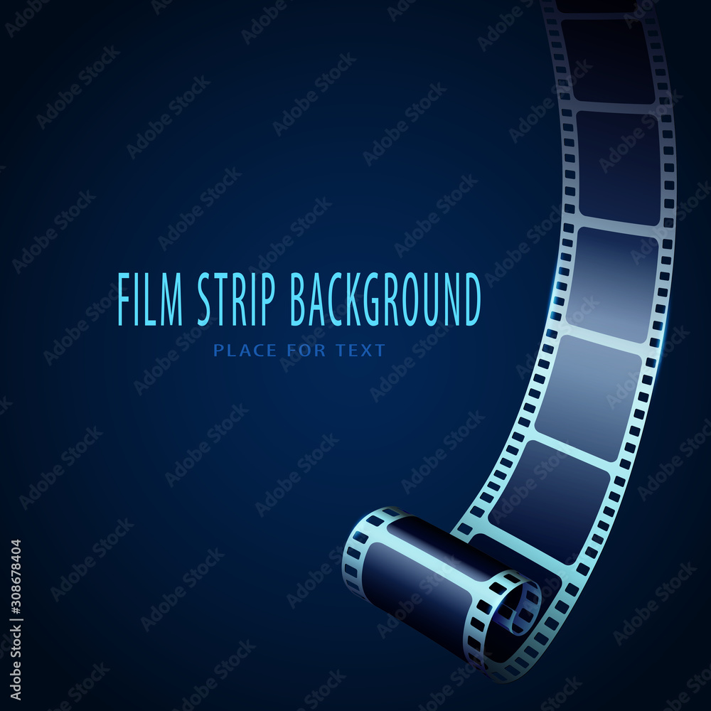 Realistic 3D cinema film strip in perspective isolated on blue background. Festive design with cinema film strip. Cinema festival poster, brochure, banner or flyer template for your design.