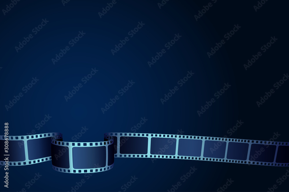 Realistic 3D cinema film strip in perspective. Film reel frame isolated on blue background. Vector template cinema festival with place for text. Movie design for brochure, poster, banner or flyer.