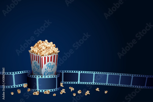 3D realistic film strip with popcorn on blue background. Cinema festival template with space text. Movie design for flyer, banner, brochure, poster, presentation, show, ad. Film industry concept.