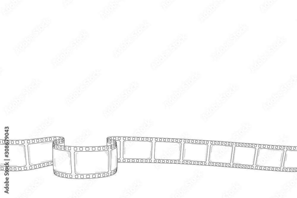 Fototapeta premium Hand drawn cinema film strip for camera or projector isolated white background. Sketch empty frame film strip for text, festival, poster, flyer, banner. Retro photo film. Vector vintage doodle style.
