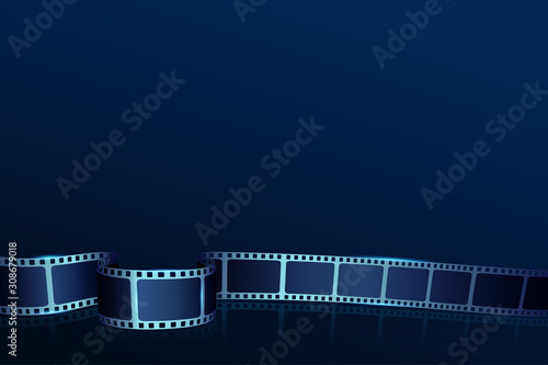 Realistic 3D cinema film strip in perspective isolated on blue background. Vector template cinema festival. Movie design cinema film strip for ad, poster, presentation, show, brochure, banner or flyer