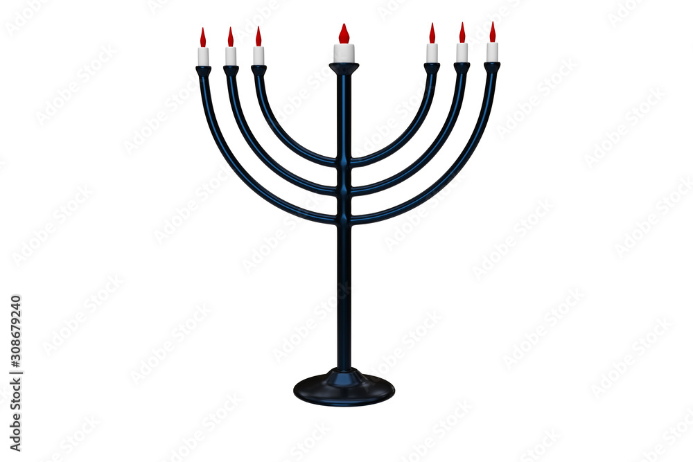 Dark Blue hanukkah menorah with burning candles on white background. 3d rendering. Dark Blue hanukkah menorah with burning candles on white background. 3d rendering.
