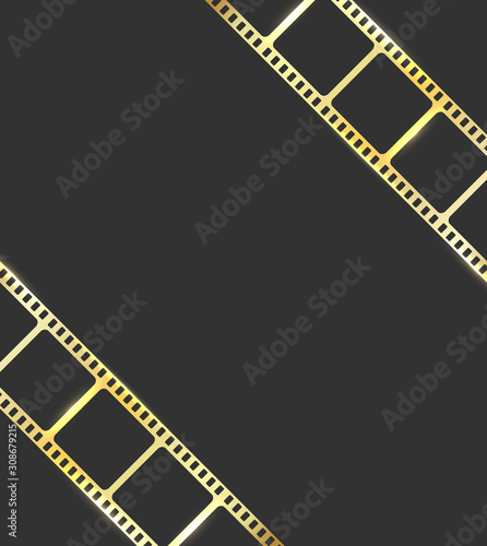 Realistic 3D gold cinema film strip isolated on grey background. Festive design cinema film reel frame with place for text. Vector template movie for advertisement, poster, brochure, banner, flyer.