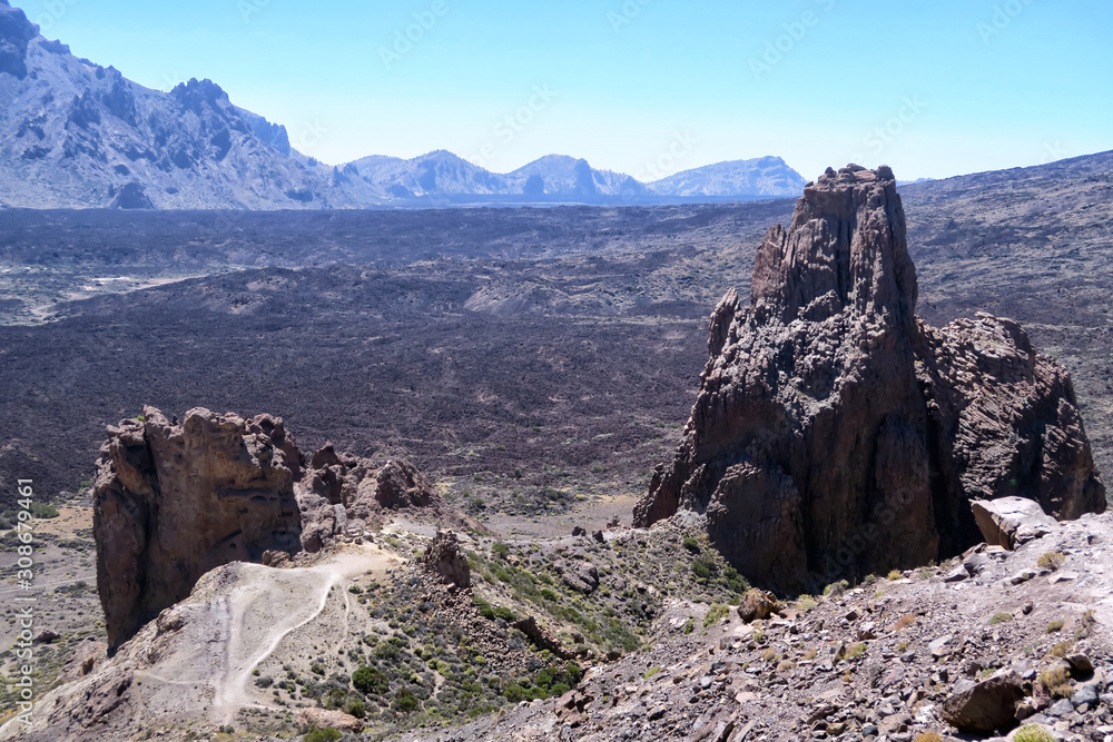 Obraz premium Parque nacional del Teide, Canary Islands, Spain. The road to the volcano Teide, beautiful landscape, vegetation, grass, bushes, the ground is covered in lava. After the eruption of the volcano. Luna