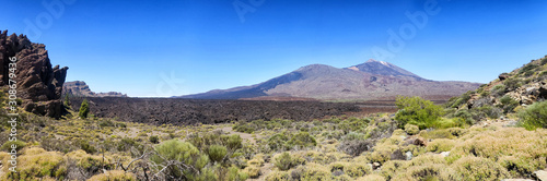 Parque nacional del Teide  Canary Islands  Spain. The road to the volcano Teide  beautiful landscape  vegetation  grass  bushes  the ground is covered in lava. After the eruption of the volcano. Luna