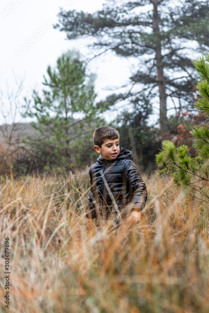 Cute little boy in the forest on a foggy day Cute little boy in the forest on a foggy day