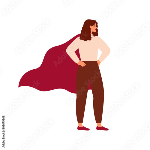 Strong superhero woman wearing cape. Feminism concept, girl power. Inspirational and motivational female character.Vector illustration in flat cartoon style.