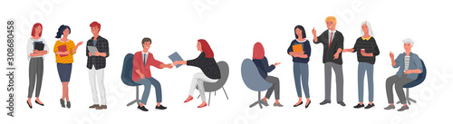 Group workers communicate or talk with a client or talk between teamwork or meeting, brainstorm. Successful business of young trendy people. Vector cartoon concept illustration.