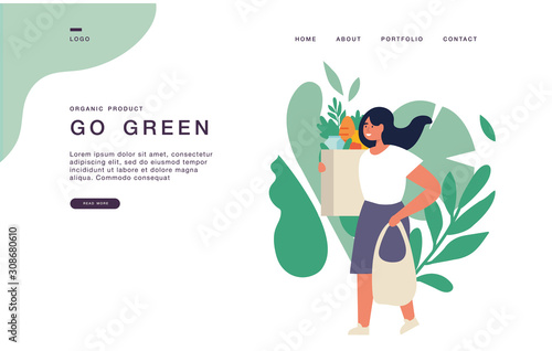 Landing page template for websites with young woman carrying eco bags with purchases. Eco grocery shopping concept banner illustration.