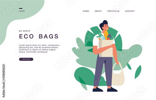 Landing page template for websites with young man are carrying eco bags with purchases. Eco grocery shopping concept banner illustration.