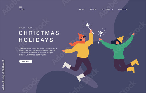 Landing page template for websites with warmly dressed couple are jumping and holding sparkles. Cartoon Christmas concept banner illustration.