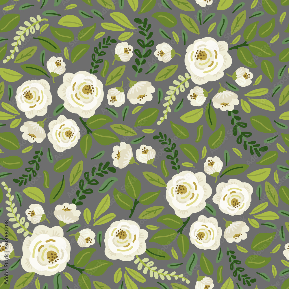 Cute Spring collection floral seamless background with bouquets of hand drawn rustic white roses flowers and green leaves branches