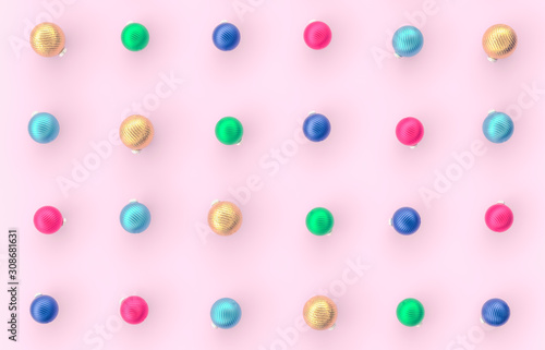 Abstract 3d pattern with Christmas ball on pink background. Christmas, winter, new year concept. Flat lay, top view.