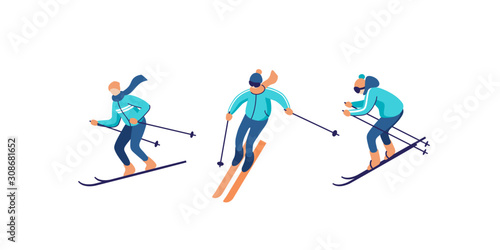 Vector illustration of skiers. Sports men in the ski resort. Winter seasonal activity.