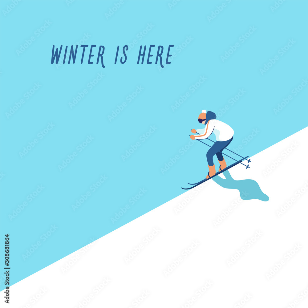 Winter background with skier on mountain with text winter is here. Winter sport activities. Vector illustration.