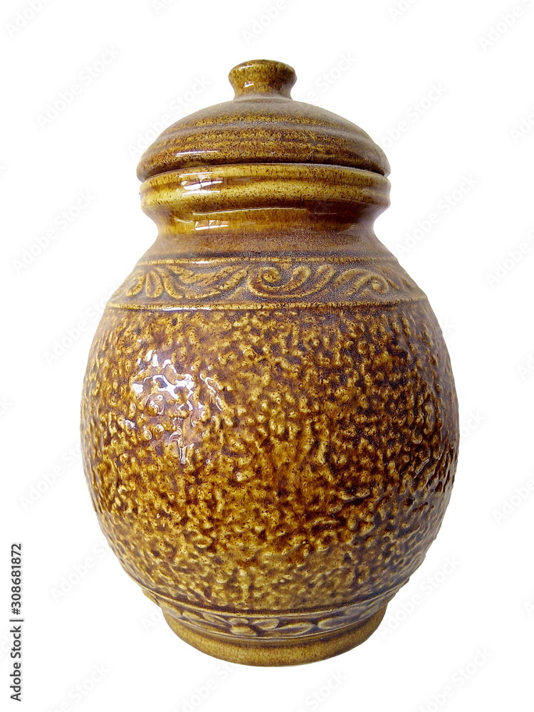 Close up of brown ceramic jar isolated on white background.